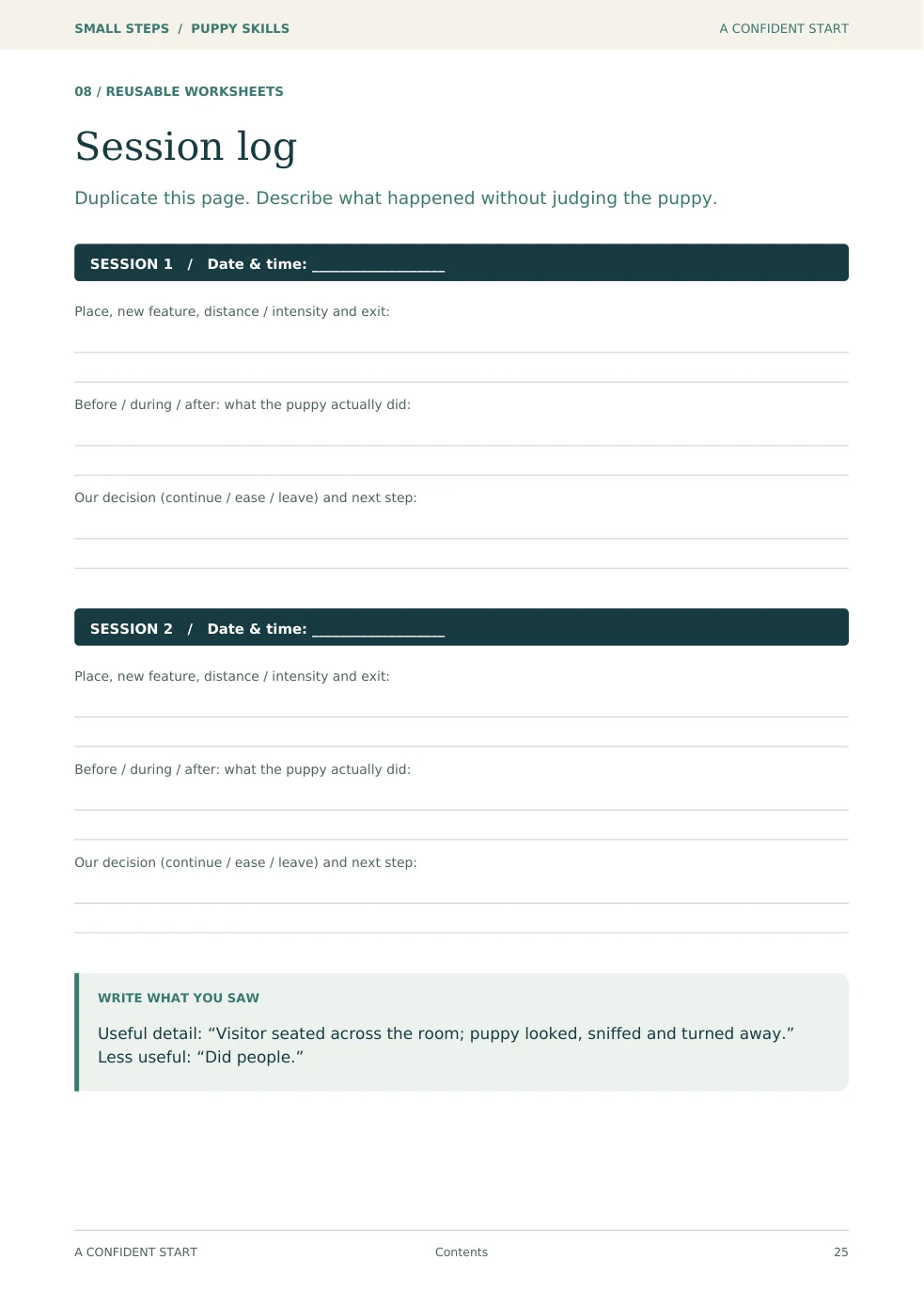 Actual session log worksheet from A Confident Start