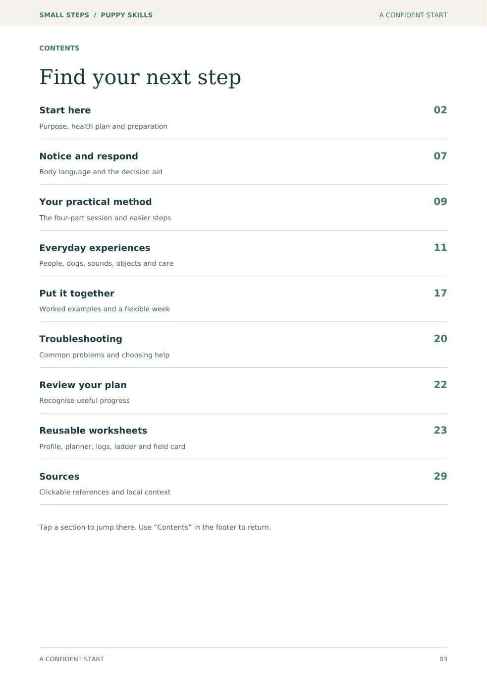 Contents page from A Confident Start