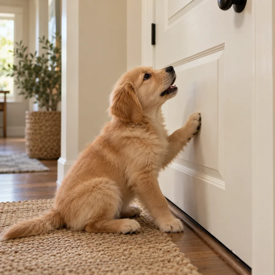 Puppy pawing at a closed door when left alone