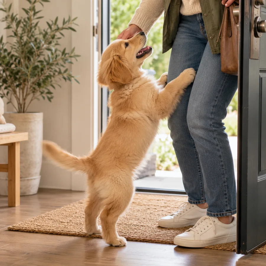 Puppy jumping up on an arriving visitor