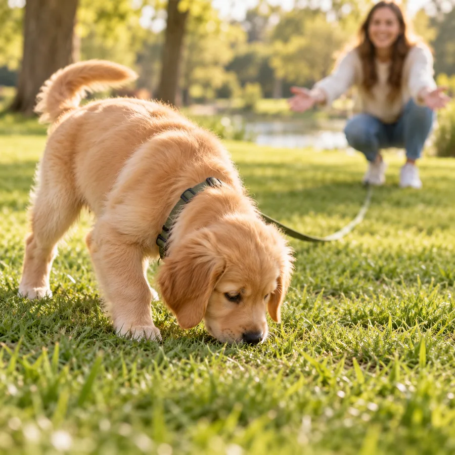Puppy ignoring a recall while sniffing grass
