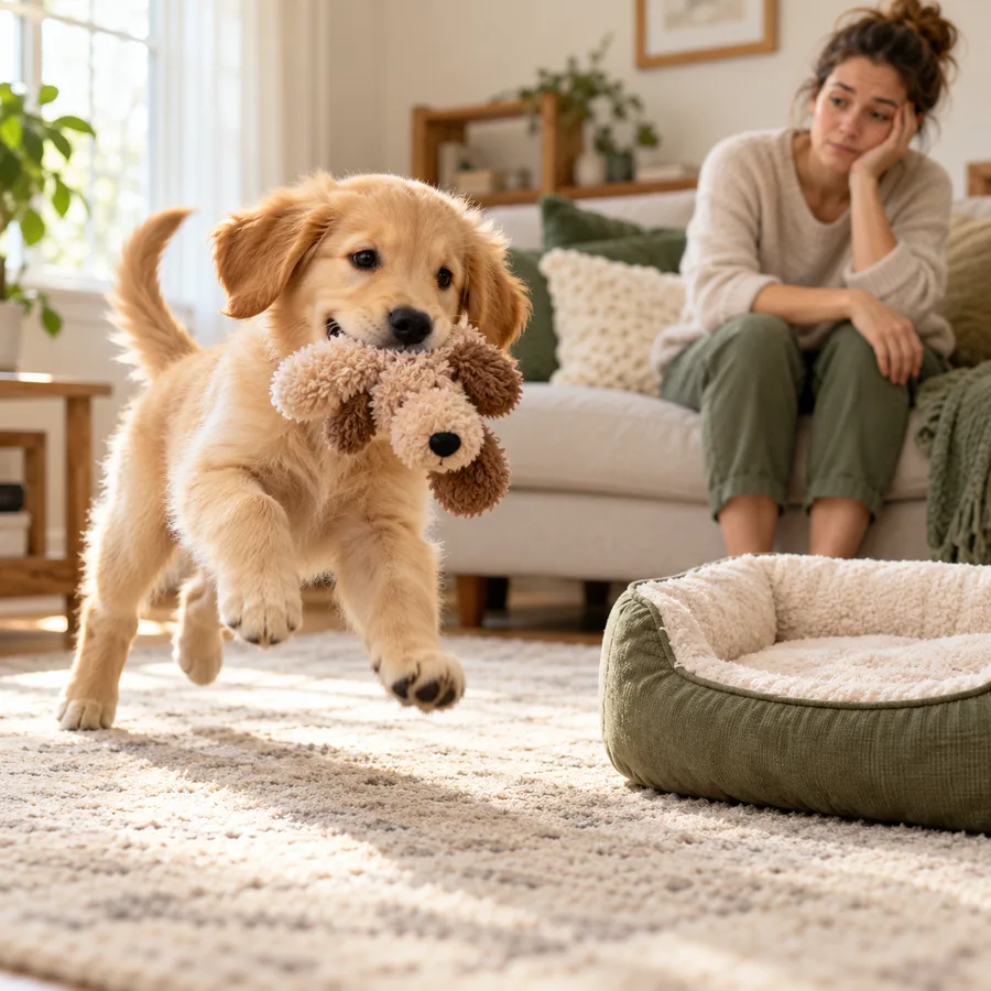 Energetic puppy bouncing instead of resting in their bed