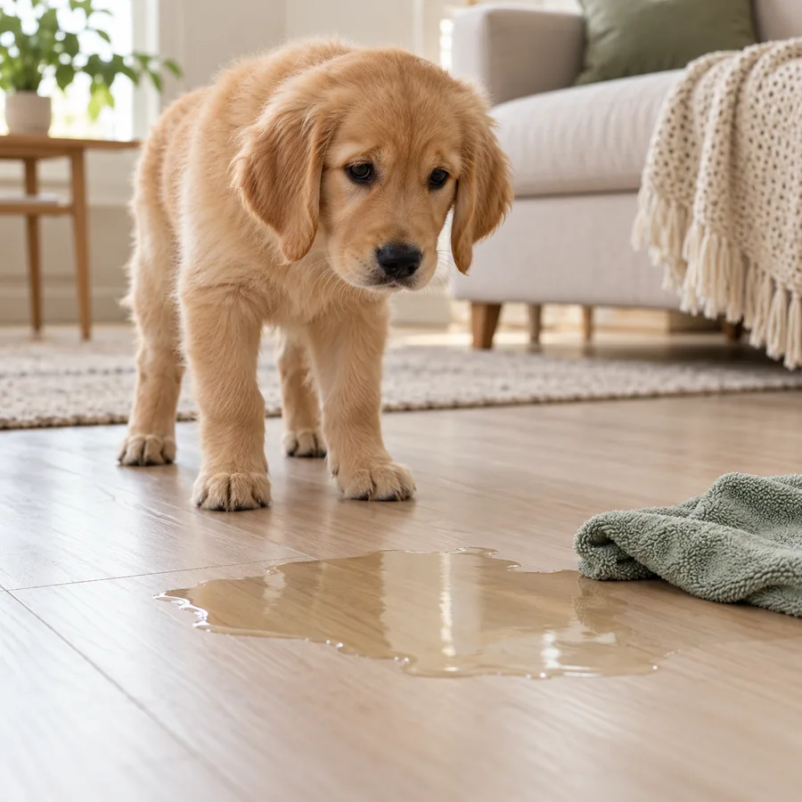 Puppy beside an indoor toilet accident